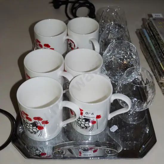 deco chrome tray, crystal goblets, 6x happy hens coffee mugs
