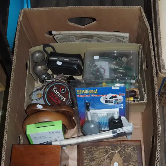 box; camera repair kit, wooden bowls, jewellery boxes etc
