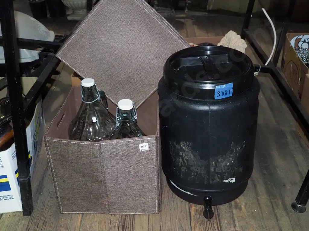 black lidded tapped plastic barrel, 2x demi johns, lidded storage crate Image 1++