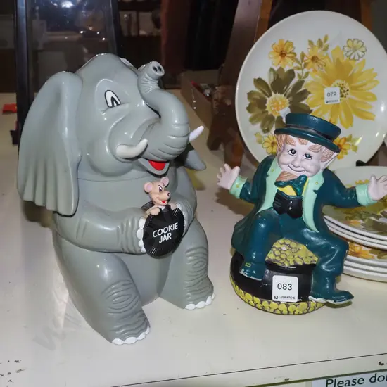 musical leprachaun, plastic elephant cookie jar that trumpets