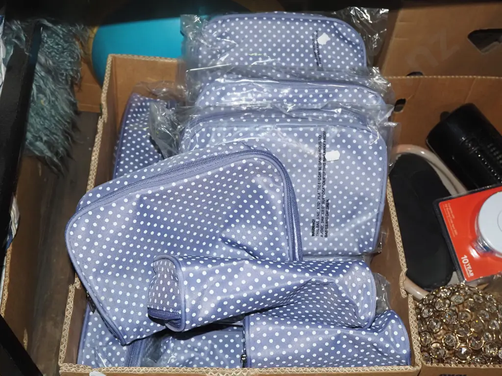 box of as new purple and white polka dot toilet bag sets Image 1++