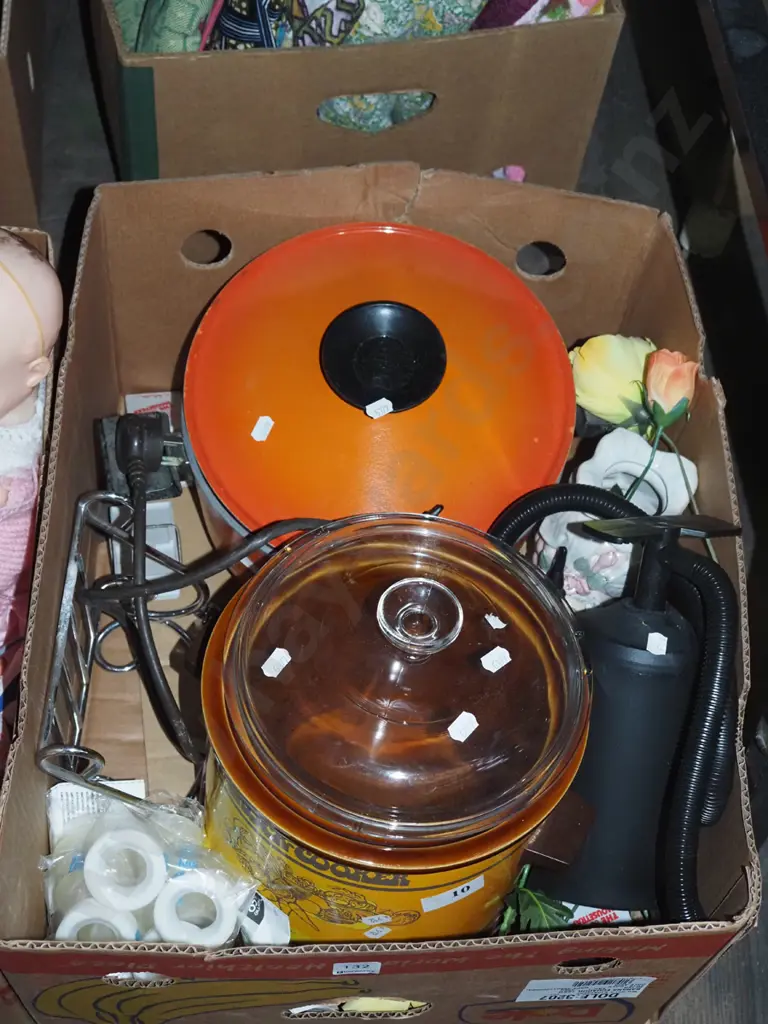 box; early Crock pot, electric fryin pan, hand pump etc Image 1++