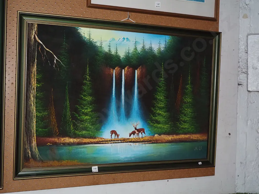 framed oil on velvet - deer and waterfall scene H-580 W-860 Image 1++