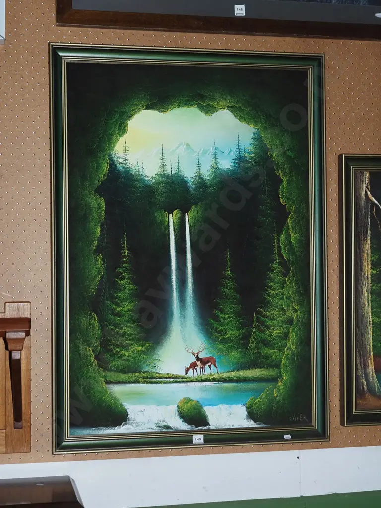 framed oil on velvet - deer and stag by waterfall scene H-850 W-570 Image 1++