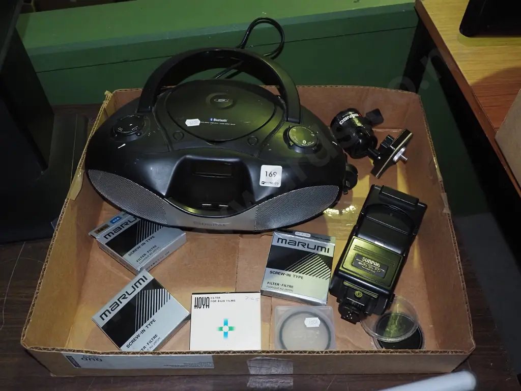 blue tooth portable stereo with CD player, camera flash, lenses, part tripod Image 1++