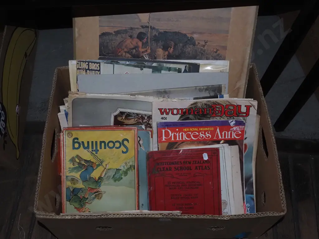 box; vintage magazines, board games, newspapers, prints etc Image 1++