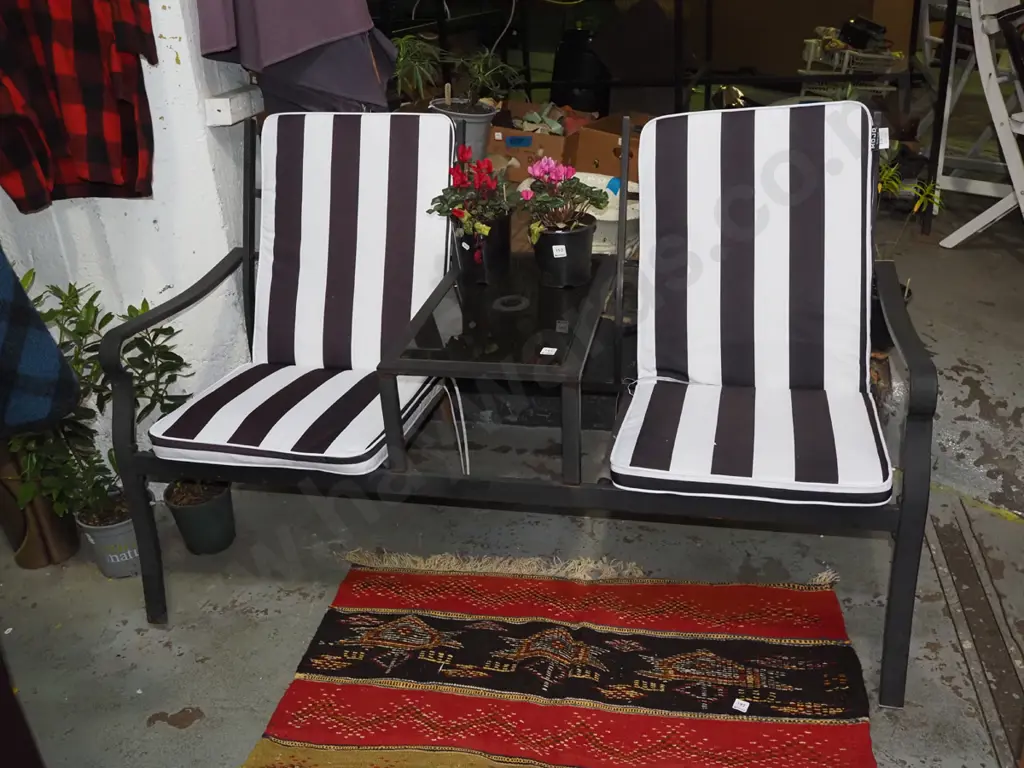 outdoor seating - 2 chairs, glass top table and cushions - as new condition Image 1++