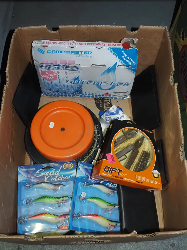 box; fishing lures, can opener, kitchen scales etc Image 1++