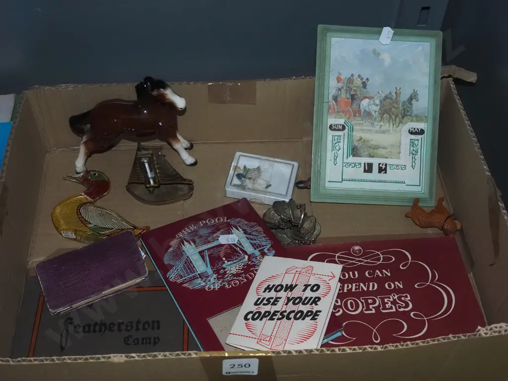 box; horse figurine, small thermometer, Queen Elizabeth corontion copescope etc Image 1++