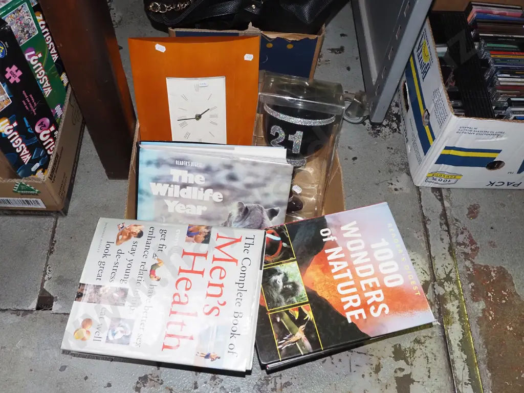 box; books, wall clock, large plastic 21st goblet Image 1++