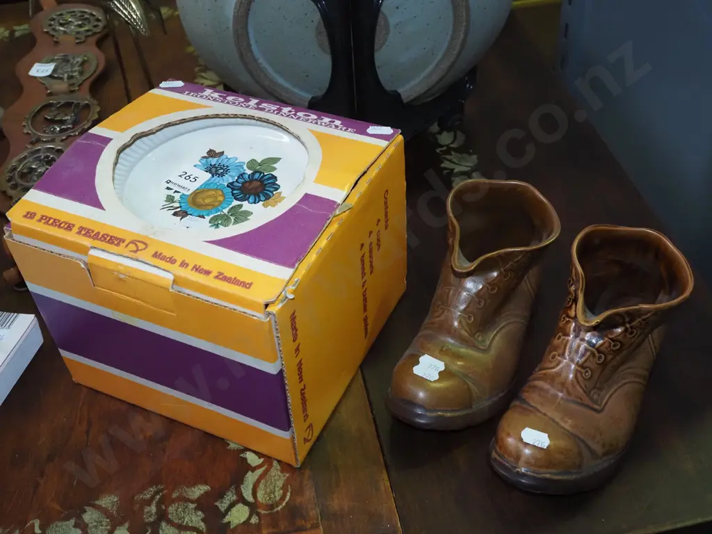 as new boxed Kelston blue floral 12 piece tea set, 2x Temuka pottery  boots Image 1++