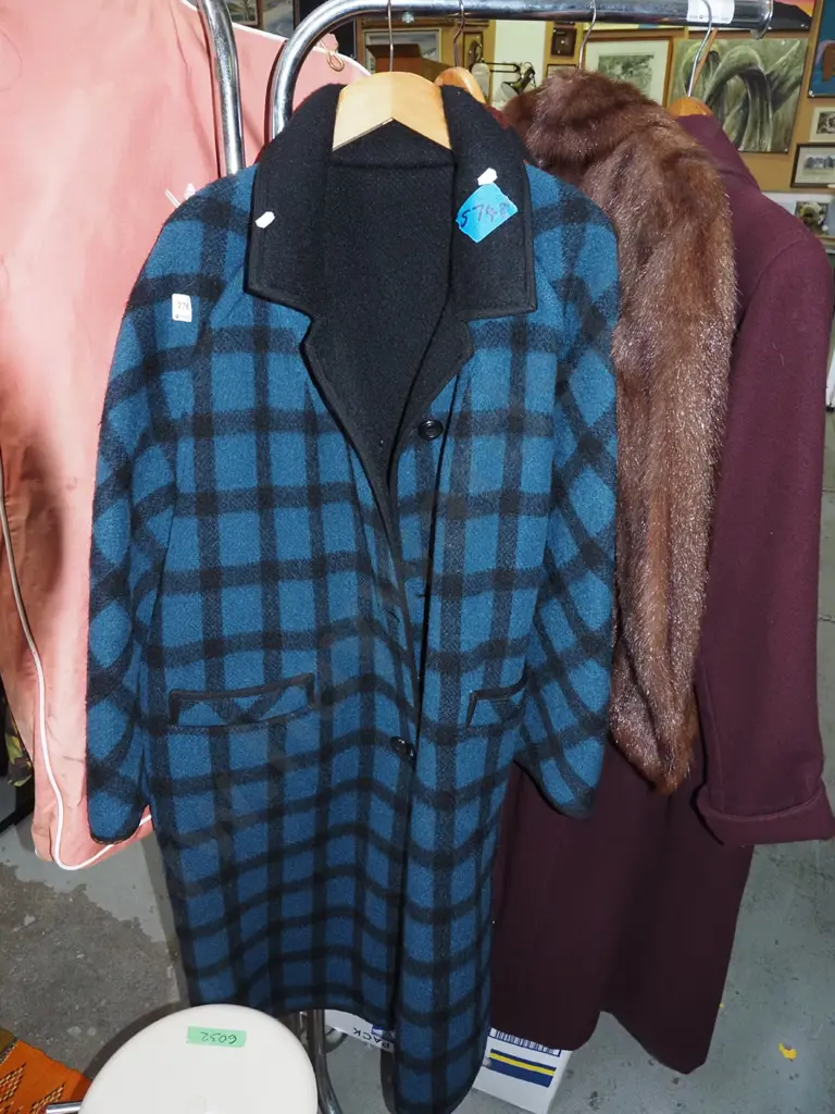 blue and black checked full length coat - no size, looks large Image 1++