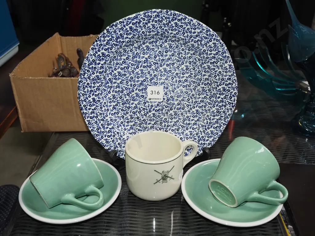 Burleigh ware blue and white plate - chip, Crown Lynn NZ Army mug, 2 coffe cups and saucers Image 1++
