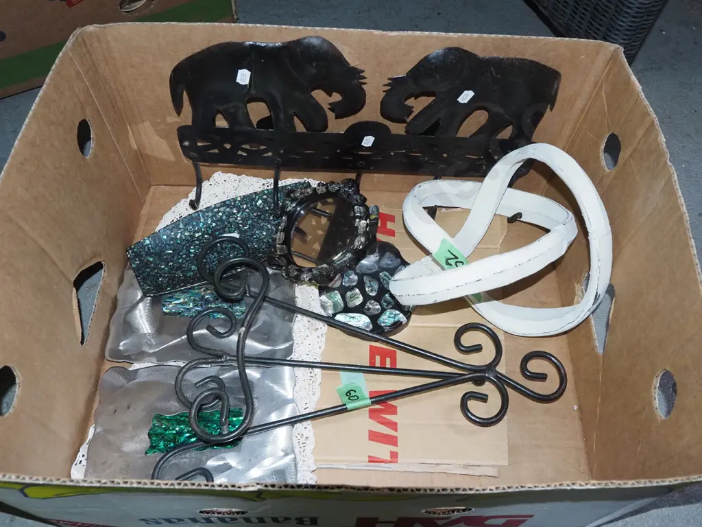 box; small metal easel, metal artworks, paua items etc Image 1++