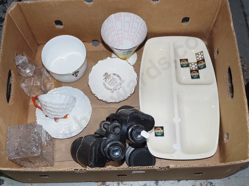 box; binoculars, segmented dish, measuring cup etc Image 1++