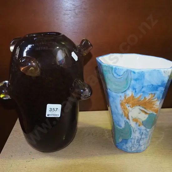 hand painted ceramic vase and unusual shaped art glass vase H-240