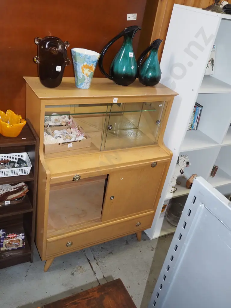 mid century oak wall unit with 1 drawer 2 solid doors, 2 glazed doors, pull out tray Image 1++
