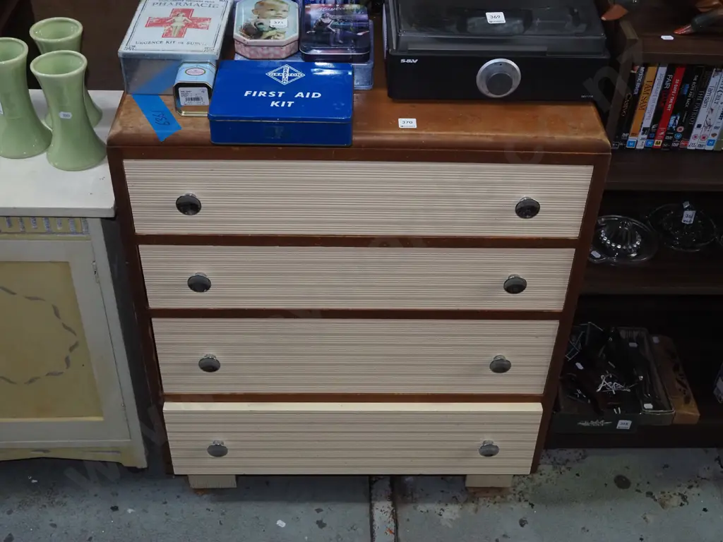 mid-century solid rimu 4 drawer chest - bottom drawer is a little sticky H-840 W-710 D-410 Image 1++