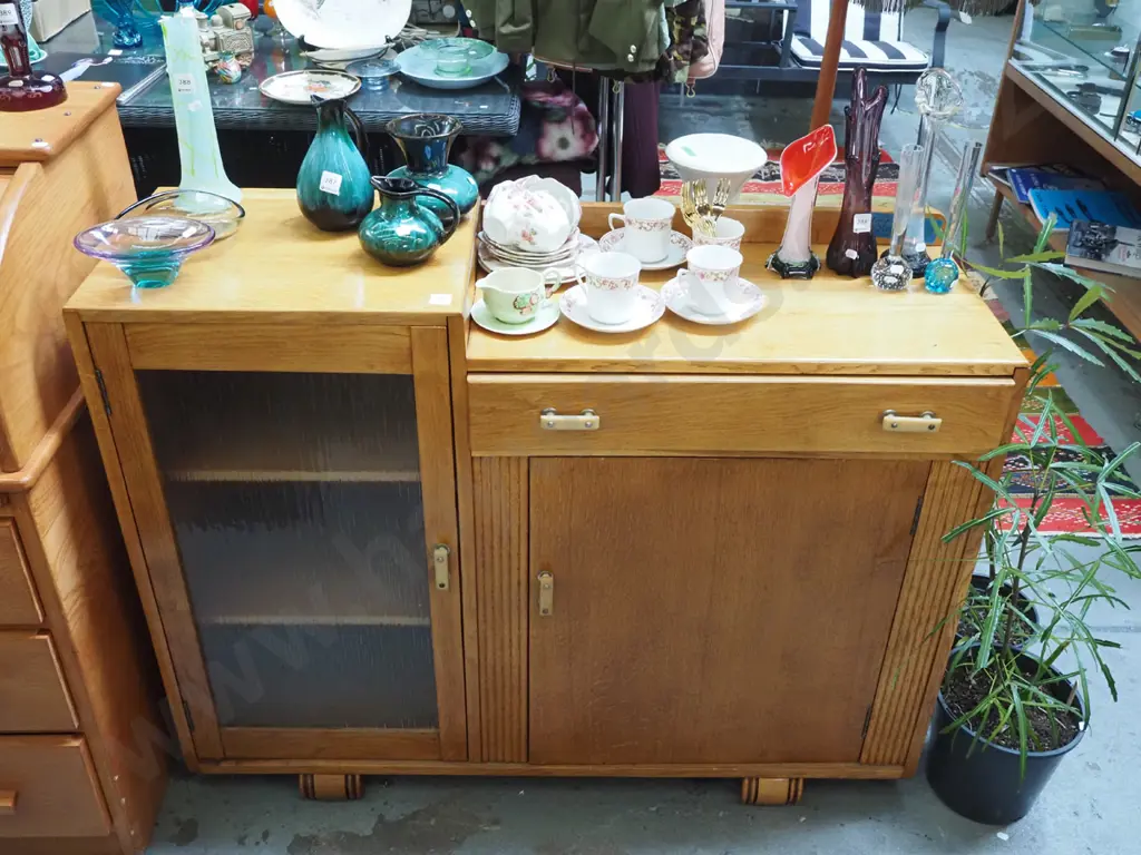 deco oak sideboard - 1 solid and 1 glazed doors, 1 drawer H-910 W-1190 D-370 Image 1++