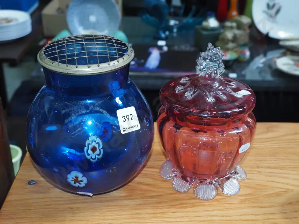 blue glass rose vase, ruby glass lidded canister Image 1++