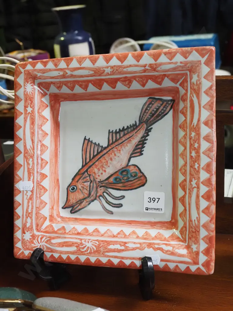 square studio pottery hand painted footed fish bowl Image 1++