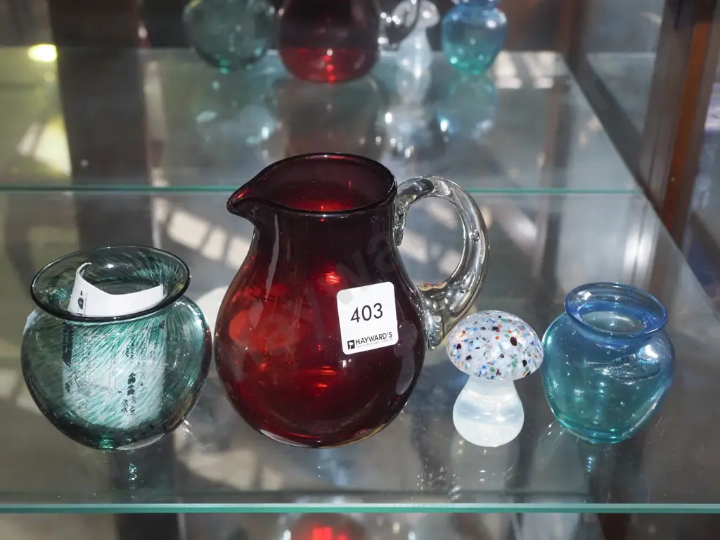 ruby glass jug, 2x Hoglund glass bowls, mushroom Image 1++