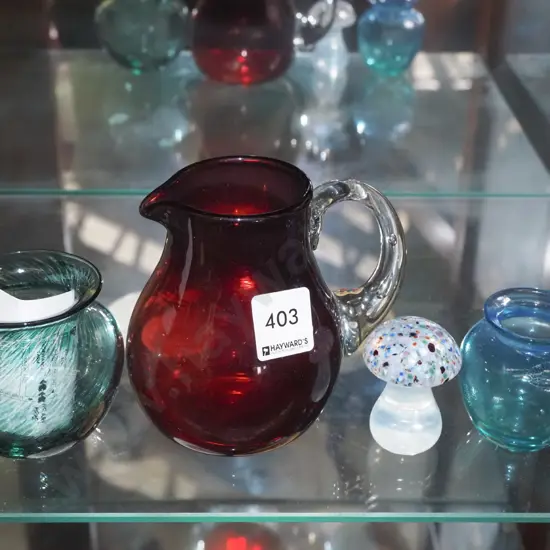 ruby glass jug, 2x Hoglund glass bowls, mushroom