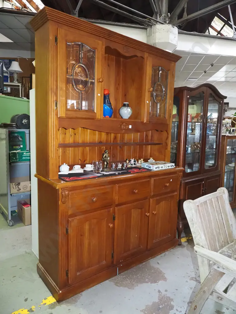 solid pine wall unit with 3 solid doors, 3 drawer, 2 bevelled edge and cut glass leadlight windows Image 1++