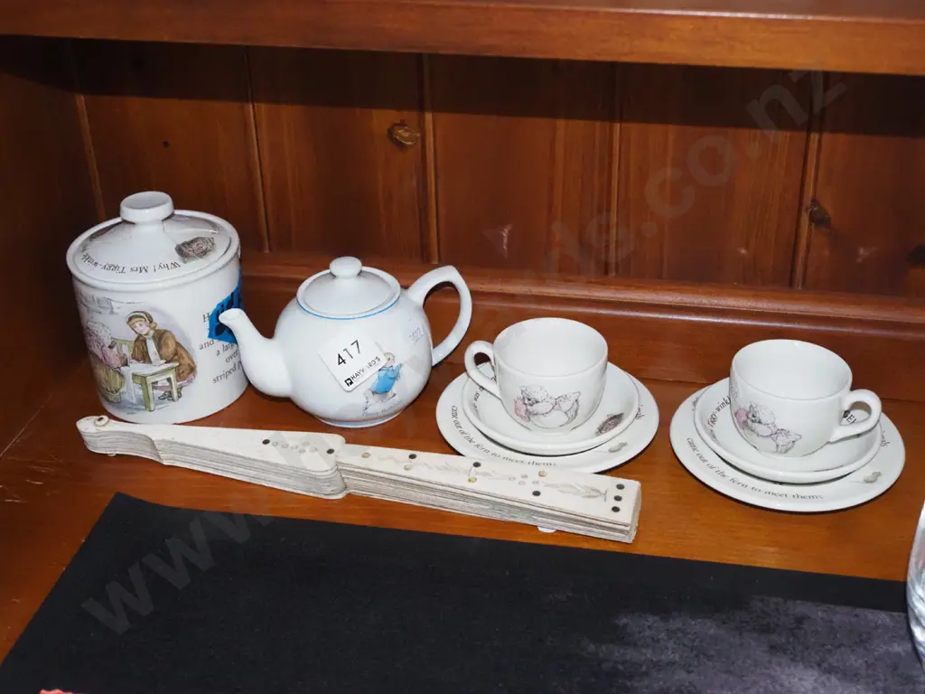 hand held fan, Beatrix Potter miniature tea pot, trios, lidded canister - repairs to lid Image 1++