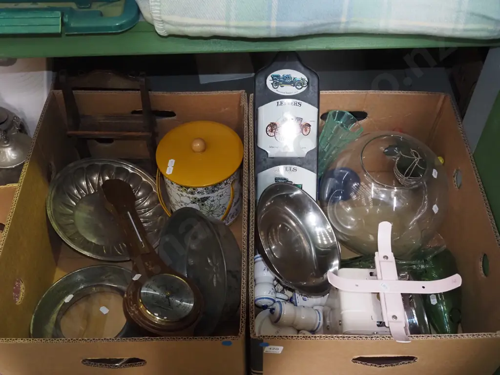 2x boxes; kitchen scales, lidded canisters, barometer etc - blue dots Image 1++