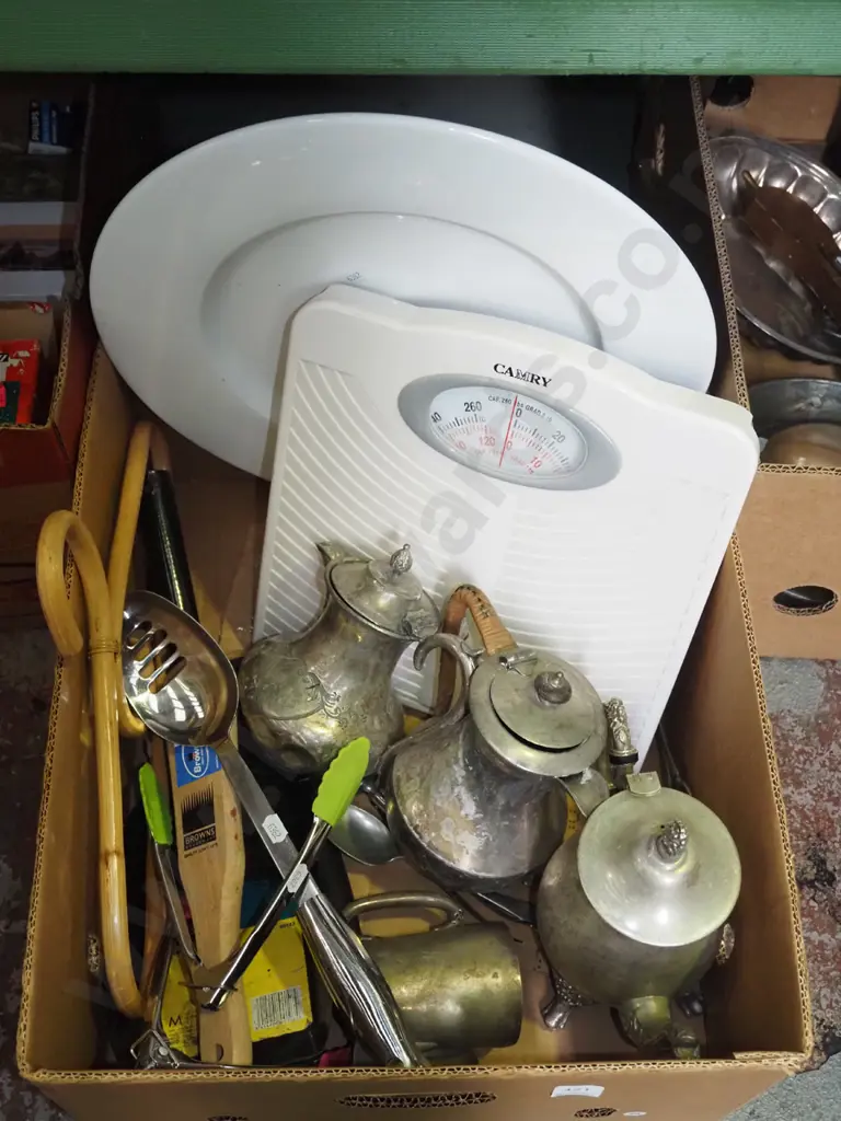 box; bathroom scales, large white ceramic plate, plated ware, utensils etc Image 1++