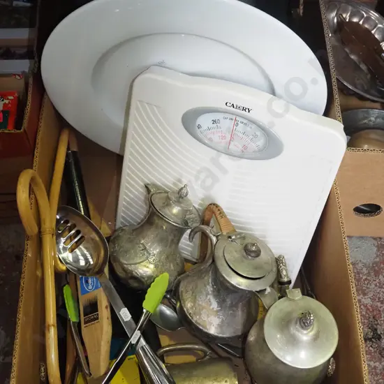box; bathroom scales, large white ceramic plate, plated ware, utensils etc