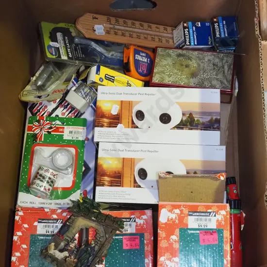 box; Xmas decorations, pest repellers, thermometer etc