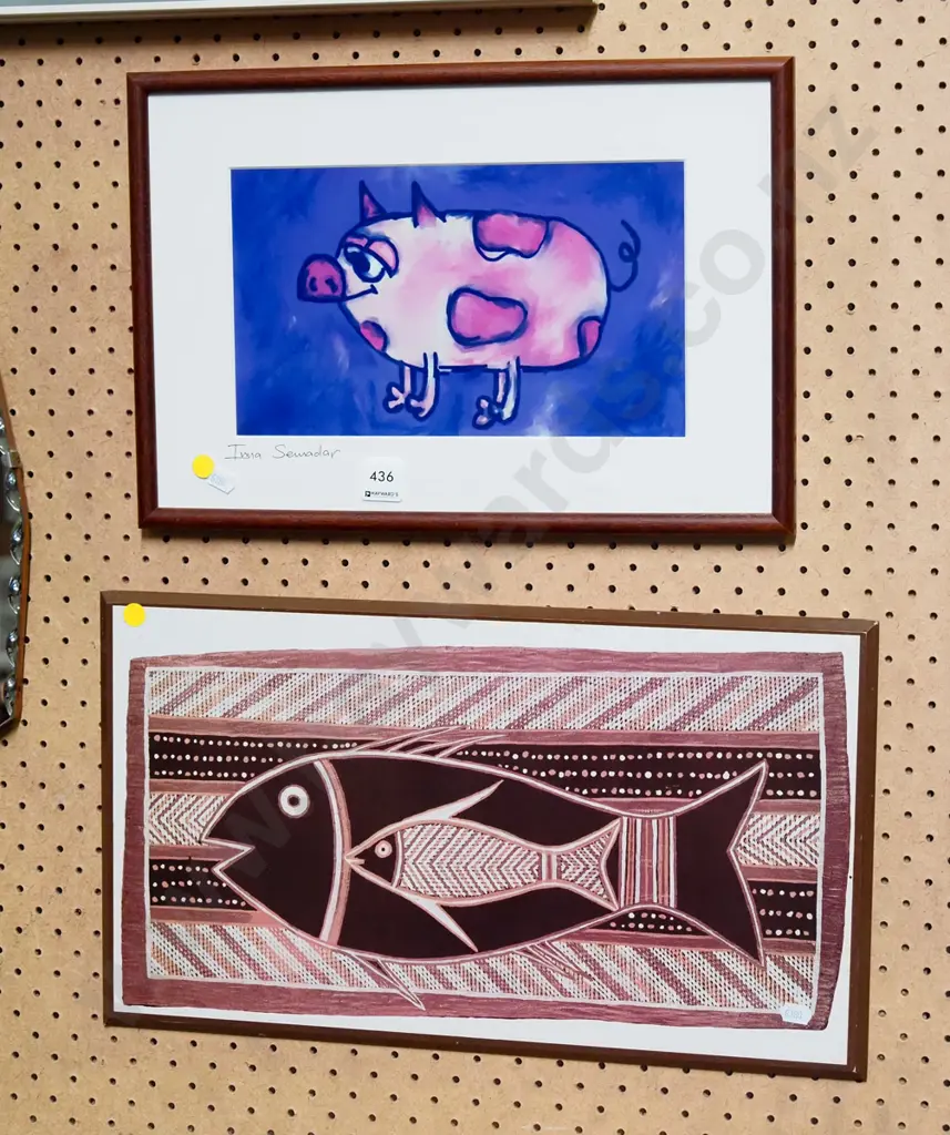 framed print, print on board - pig and fish - yellow dots Image 1++