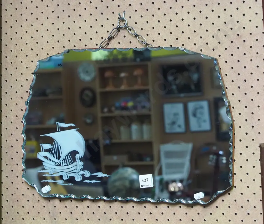 etched scalloped edge wall mirror - sailing ship H-300 W-460 Image 1++