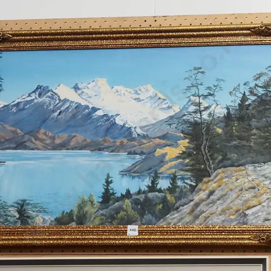  M Horrell '77 framed oil - lake and mountain scnee - damage to frame