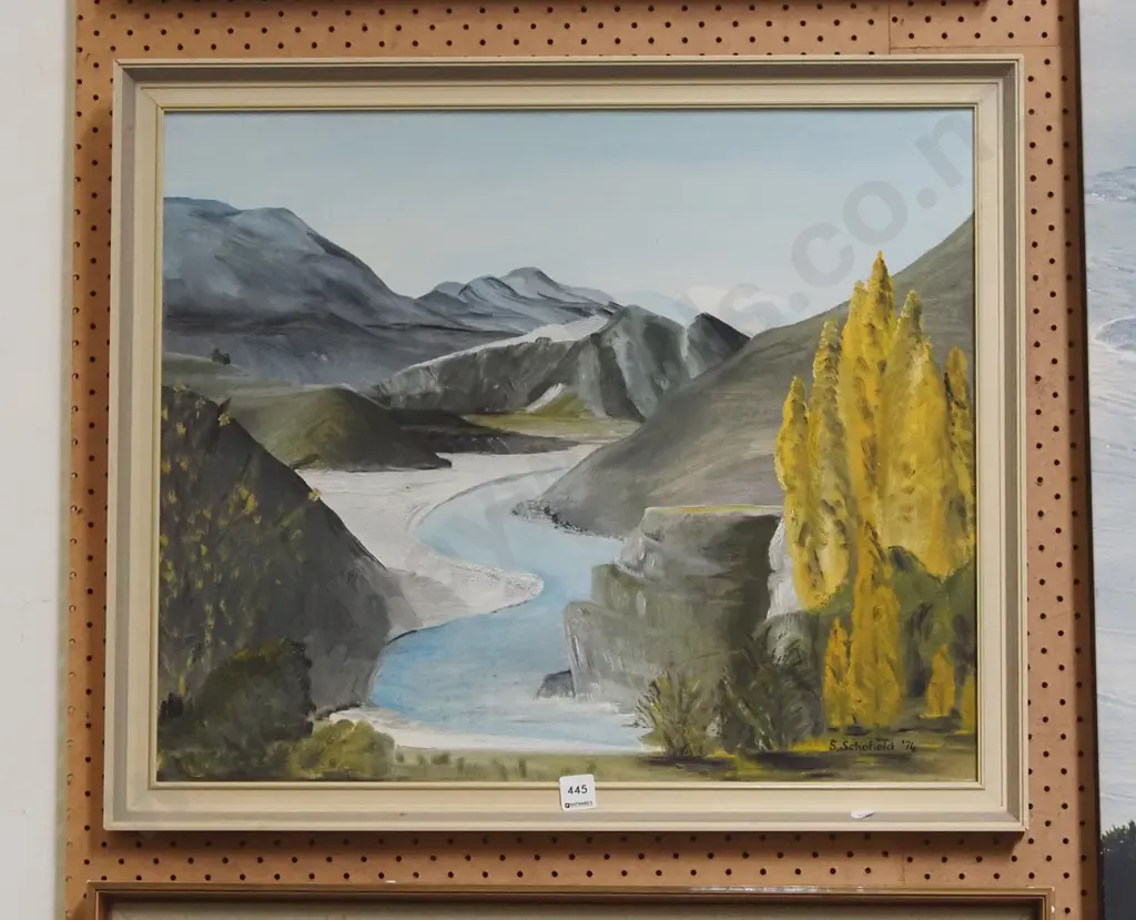 S Schofield '74 - framed oil - river  scene - foxing Image 1++