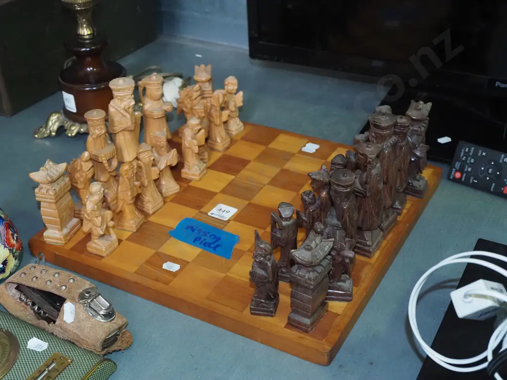 hand carved wooden chess set- missing white bishop Image 1++