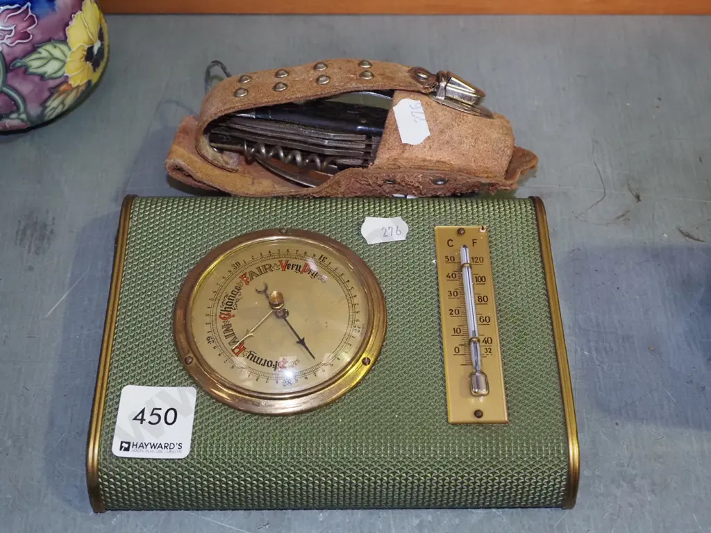 barometer/thermometer, camping knife set in leather pouch Image 1++