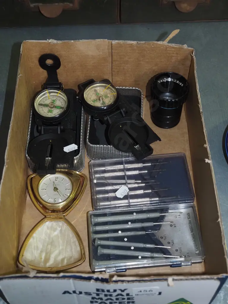 box; compasses, screwdriver sets, travel alarm clock etc Image 1++