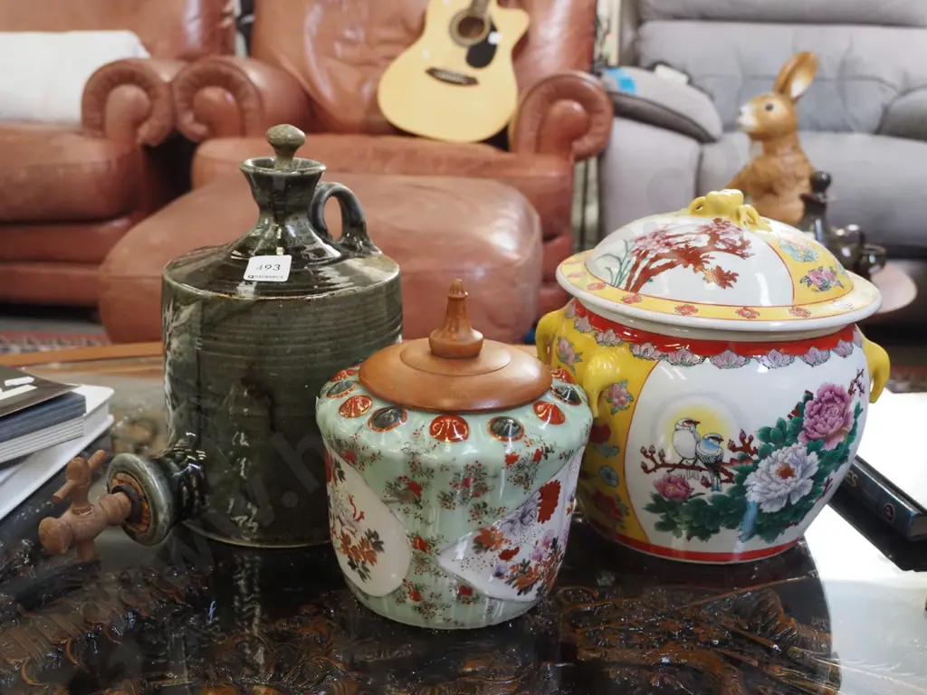 2x lidded bowls, studio pottery tapped bottle with stopper Image 1++