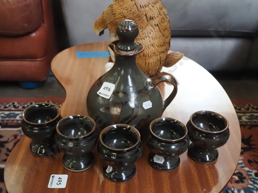 studio pottery bottle, 5 small goblets Image 1++