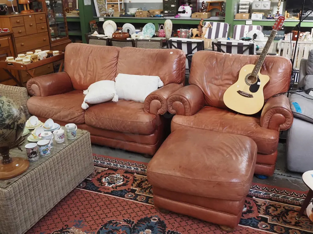 faded red/brown leather 3 piece lounge suite - 2 seater, single, ottoman Image 1++