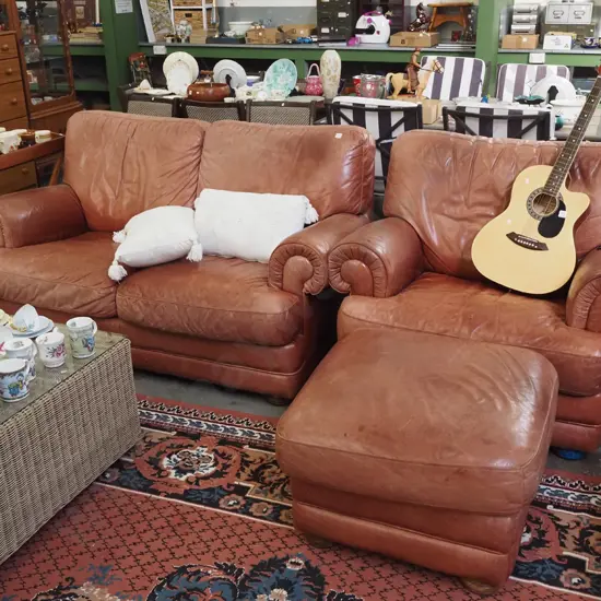 faded red/brown leather 3 piece lounge suite - 2 seater, single, ottoman