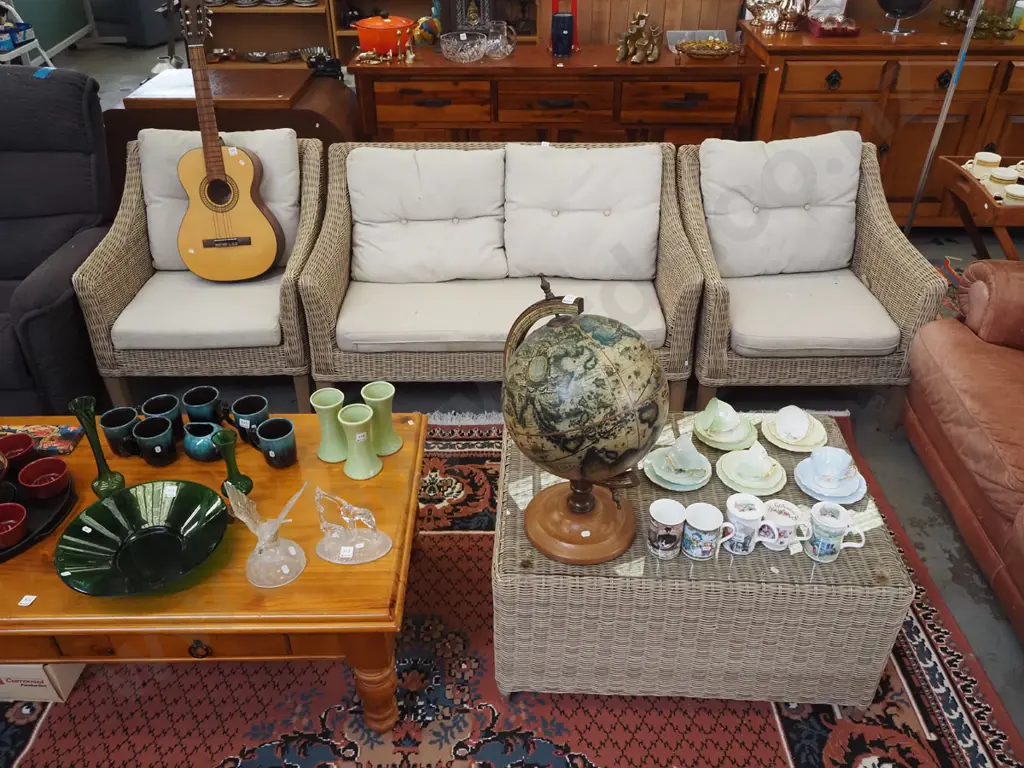 woven plastic 4 piece patio  suite - 2 singles, 2 seater, glass top coffee table Image 1++