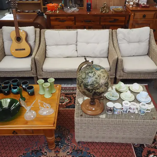 woven plastic 4 piece patio  suite - 2 singles, 2 seater, glass top coffee table