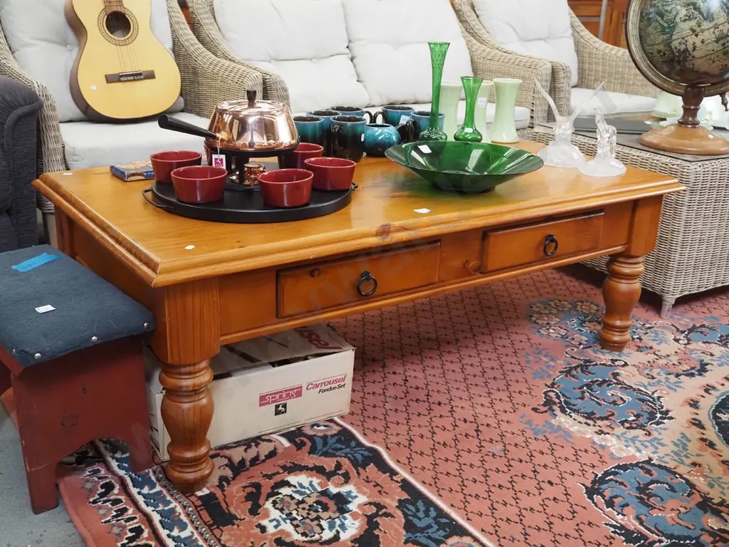 solid pine turned leg coffee table with 2 drawers H-450 W-1290 D-710 Image 1++