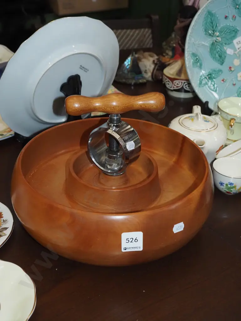 turned wooden nut bowl with screw down nutcracker Image 1++
