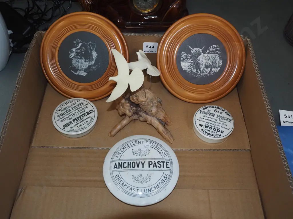 vintage ceramic jar lids, sculpture, 2x wooden coasters Image 1++