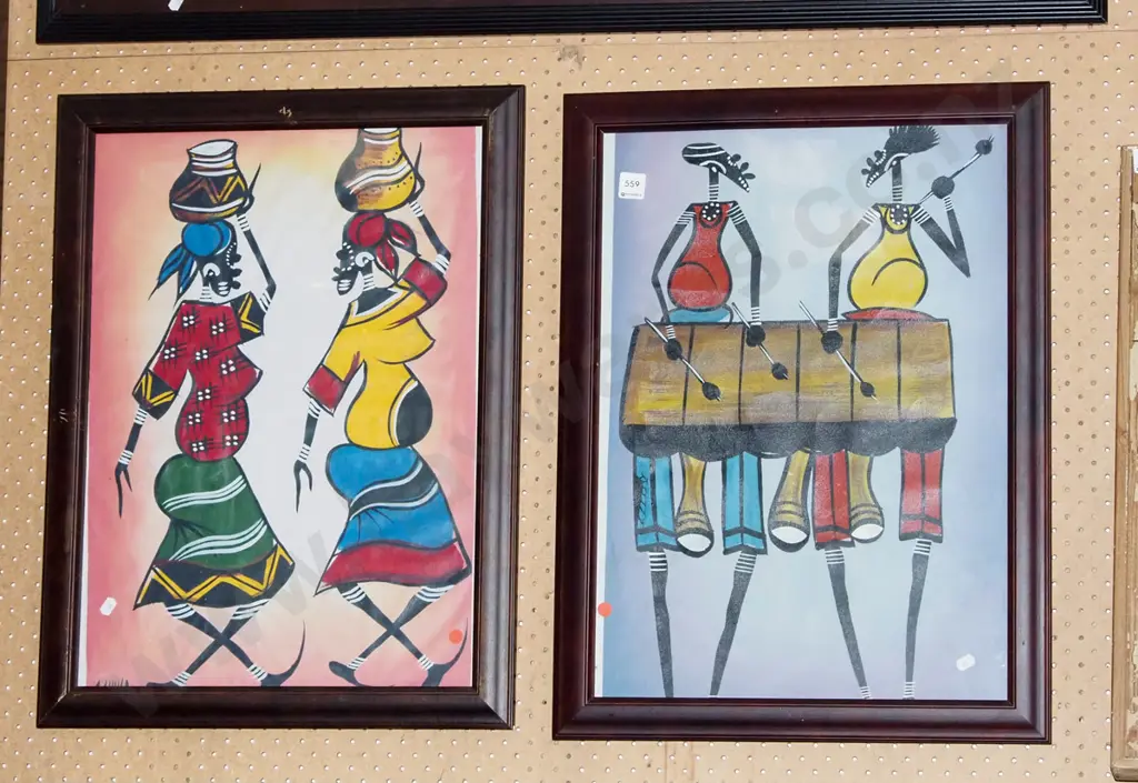2x framed acrylics on canvas - African people - framing needs attention - red dots Image 1++